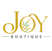 Logo of JOY Boutique with gold lettering and a leaf design on a white background
